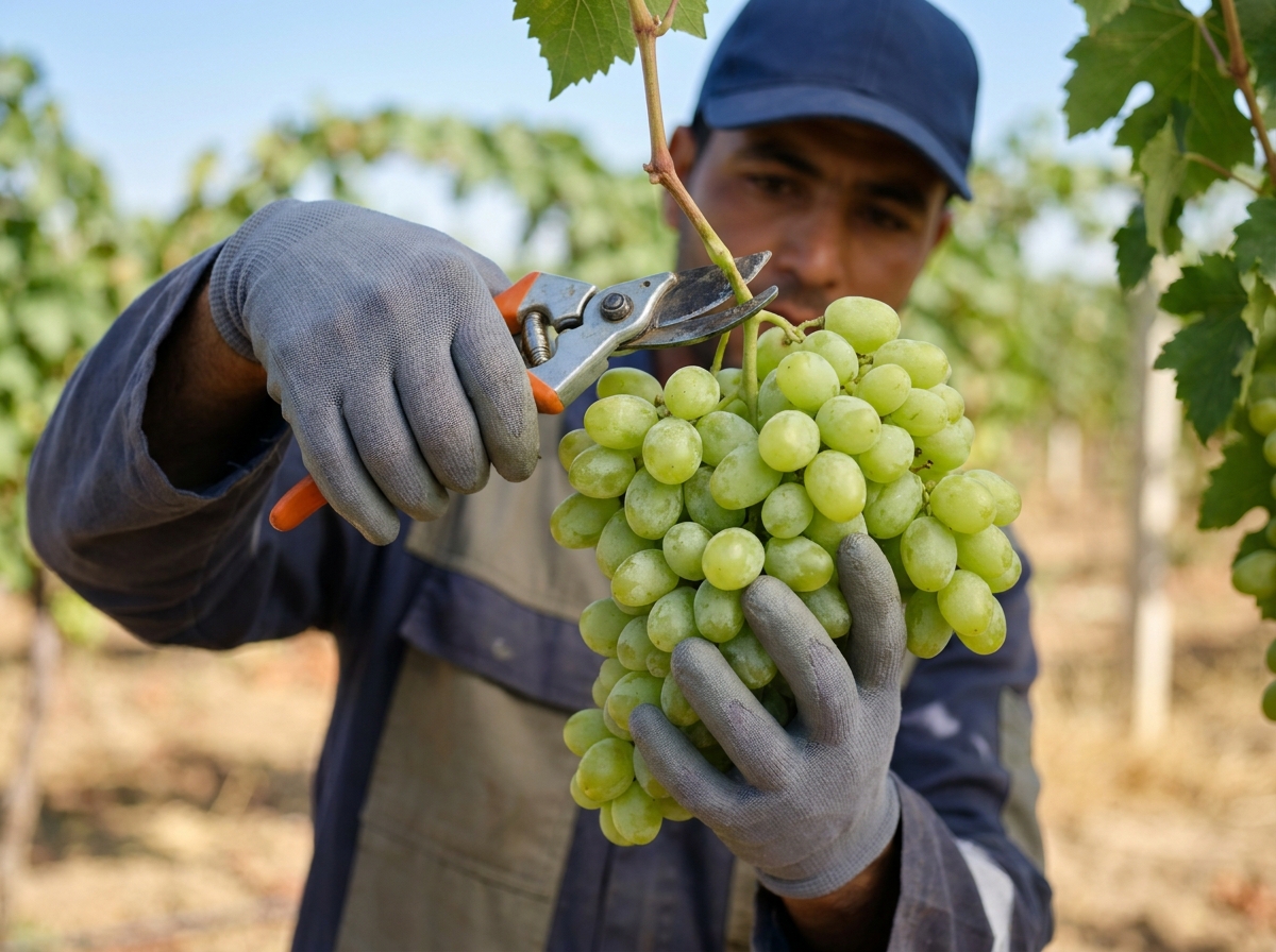 Hand harvesting grapes